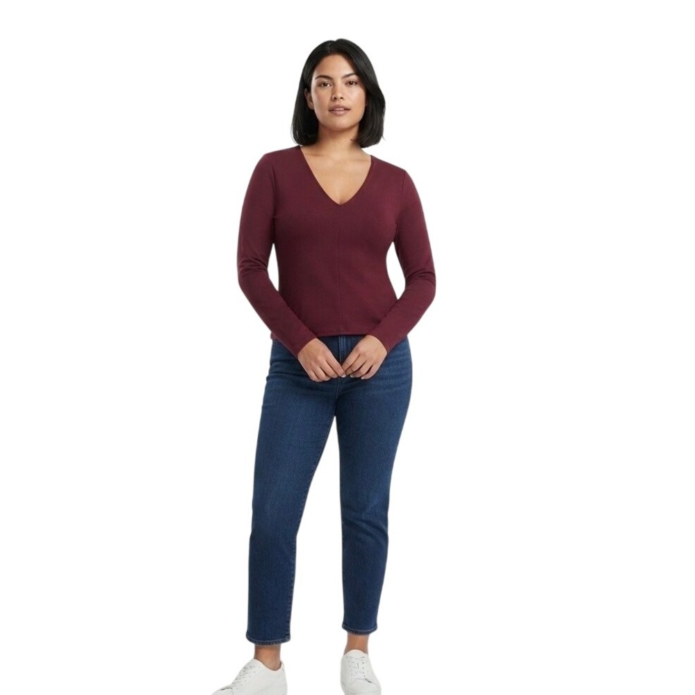 Banana Republic Burgundy V-Neck Long Sleeve Top Size S Seam Detail Tee
